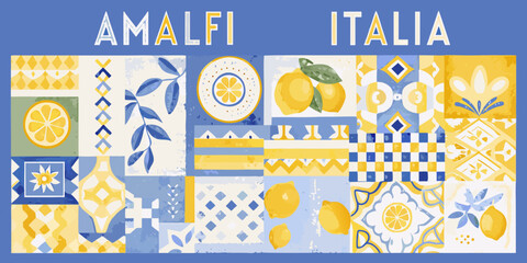 Fototapeta premium amalfi italia collage with lemons and patterns vector illustration blue yellow citrus fruit design graphic artwork culture travel vacation summer holiday mediterranean tile