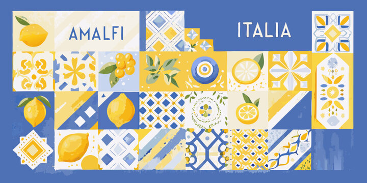 amalfi lemon tiles vector illustration with blue yellow patterns italia citrus fruit design mediterranean tile pattern graphic art culture travel vacation summer holiday