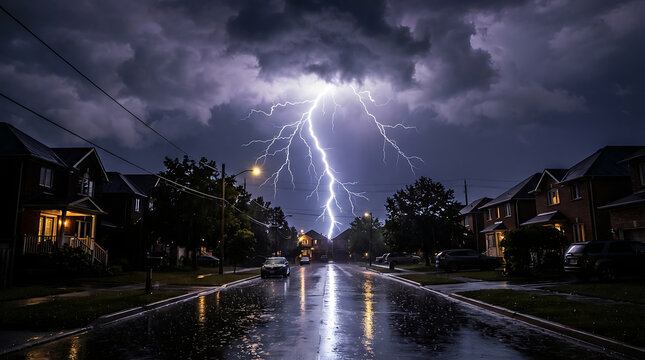 Dramatic lightning bolt strikes down a residential street during a powerful night storm.