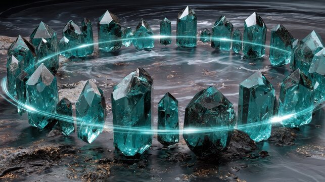 Abstract crystal choir with translucent cyan aura, shimmering microfractures, subtle harmonic currents and ripple halos, fantasy magic overlay with clean central space