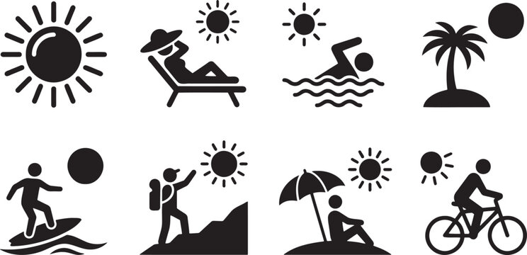 Outdoor sports surfing mountain climbing beach sunbathing and cycling silhouettes