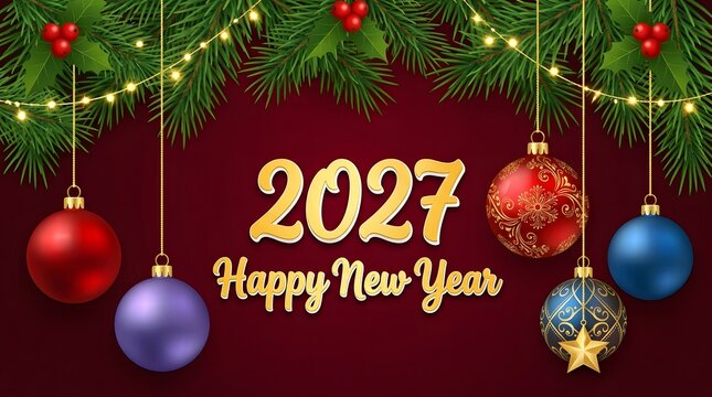 Festive Happy New Year 2027 horizontal background featuring pine branches, hanging colorful Christmas baubles, fairy string lights, and gold text on a red backdrop.