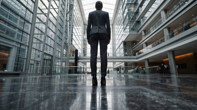 Low angle back view of a businesswoman in a suit standing in a modern, spacious glass and steel corporate office building atrium.