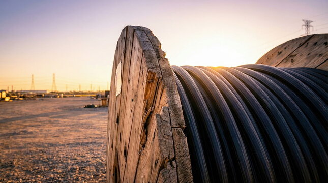 Wooden cable reel wound with black high-voltage wire on outdoor industrial construction site at sunset, infrastructure development concept