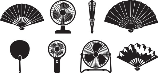 Cooling fans handheld fans and electric ventilators silhouettes collection © HM
