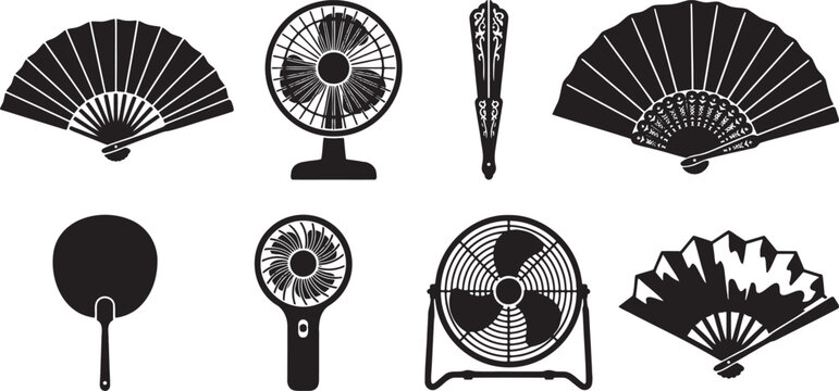 Cooling fans handheld fans and electric ventilators silhouettes collection