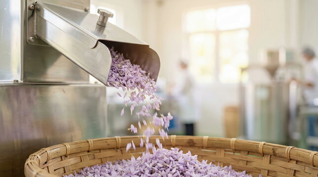 Purple flower petals pouring from stainless steel machine into wicker basket in modern processing laboratory, herbal extraction and cosmetics production concept.