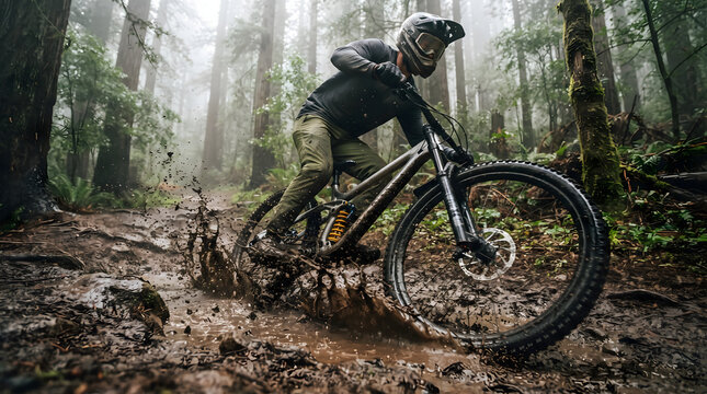Action shot of a mountain biker riding through a muddy puddle splashing dirty water in a foggy redwood forest trail
