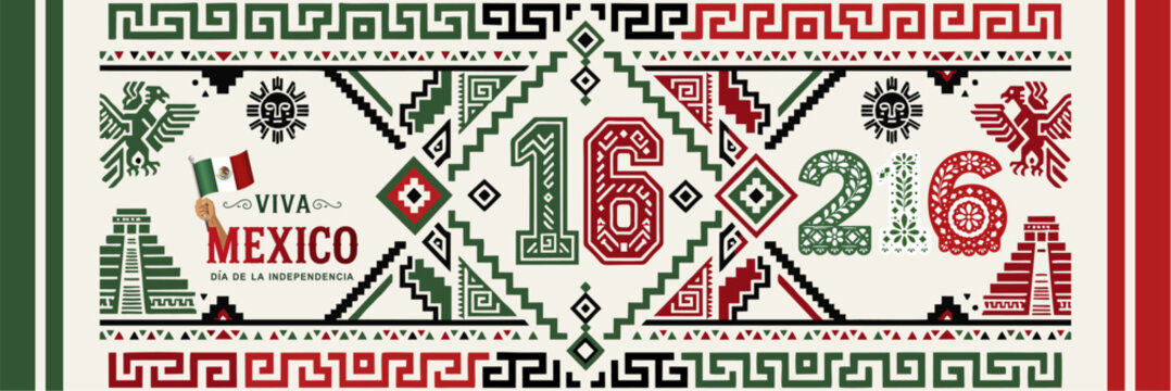 Colorful Mexico Independence Day banner featuring 216 anniversary, Viva Mexico typography, Aztec-inspired geometric patterns, and traditional folk art. Ideal for greeting cards, social media.