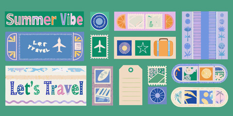 travel stickers in colorful retro style design airplane icon luggage summer vibe vacation theme holiday mood tourism industry vector illustration scenic background concept © Shamal