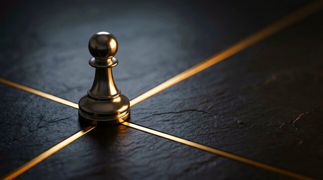Chess pawn standing at intersection of glowing golden lines on textured dark slate surface, business strategy and decision making concept