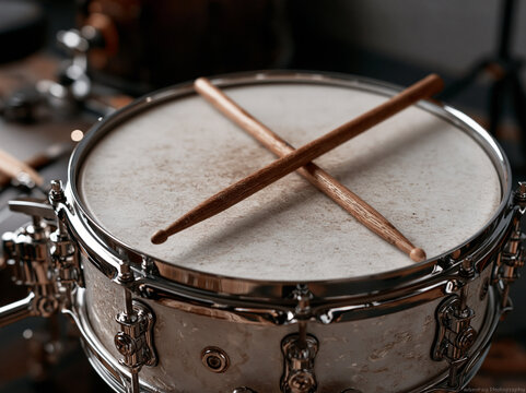 Detailed Snare Drum Surface with Crossed Wooden Drumsticks and Professional Percussion Setup