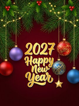 Elegant vertical Happy New Year 2027 greeting card with hanging Christmas ornaments, pine branches border, string lights, and gold lettering on dark red.
