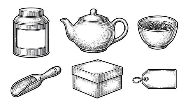 Traditional tea ceremony accessories vector illustration set in vintage engraving style