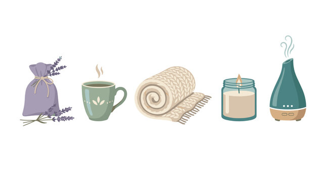 Cozy home wellness and relaxation vector illustration set featuring lavender sachet, hot tea, blanket, candle, and diffuser