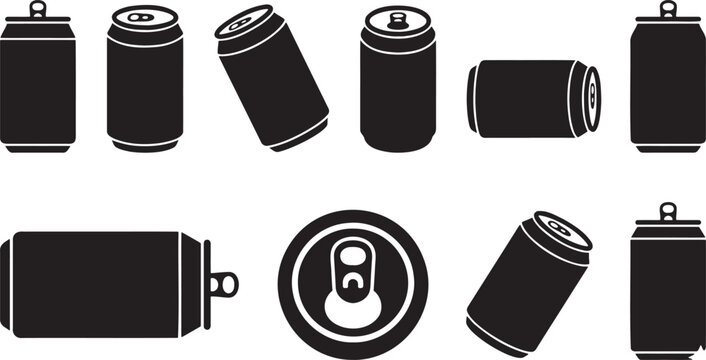 Aluminum soda cans and beer beverage containers icon set