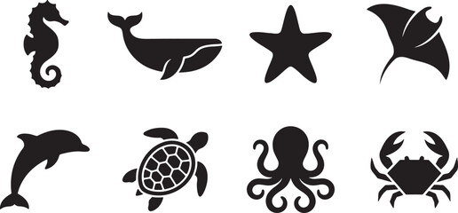 Marine ocean animals seahorse whale starfish and crab icons © HM