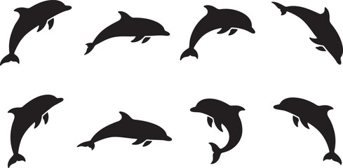 Graceful dolphins swimming and jumping in ocean waves silhouettes © HM