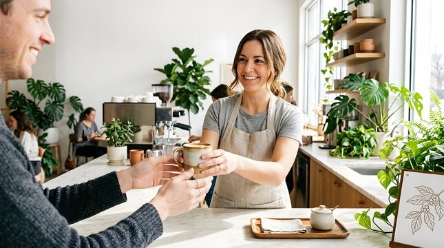 Smiling female barista handing a ceramic mug of fresh coffee to a happy male customer in a bright modern cafe filled with green plants