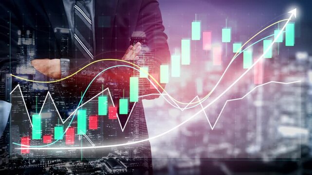 A businessman stands confidently with crossed arms, observing financial graphs and colorful candlestick charts against a stunning urban backdrop at night. Copula