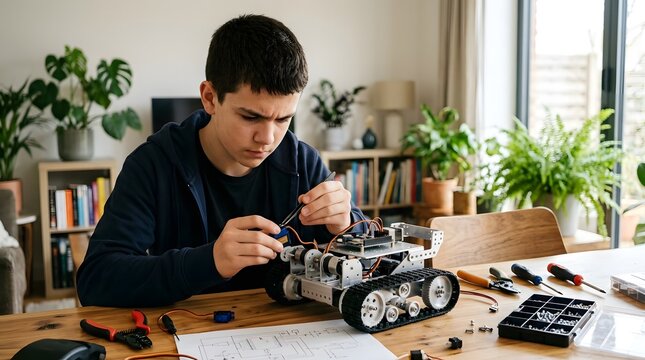 Focused teenage boy assembling a complex robotics kit with tracks and electronic components at home for a STEM project