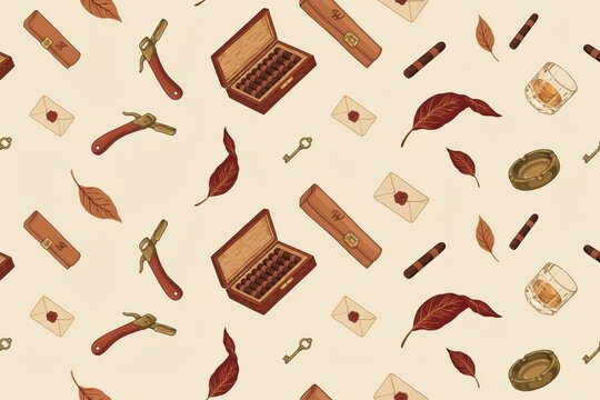 Vintage style seamless pattern with cigars, cigar boxes, whiskey glasses, wax sealed envelopes, keys, and autumn leaves on a beige background