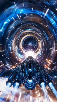 Spaceship entering a vibrant cosmic wormhole with swirling nebula and distant stars, epic journey through interdimensional space
