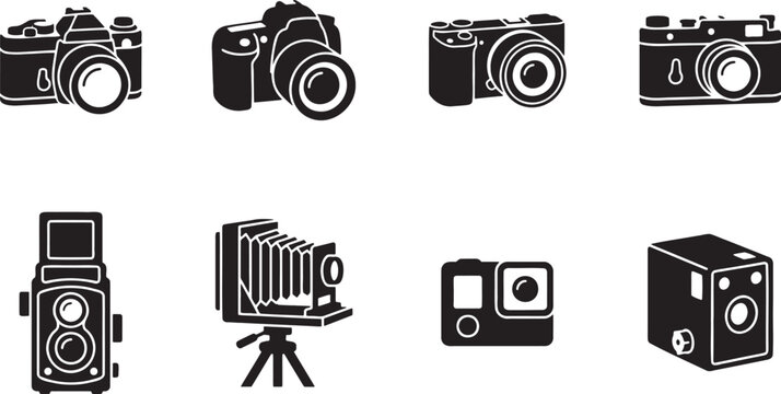Photography equipment dslr cameras vintage tlr and action camera icons