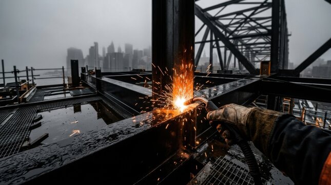 Industrial Welding Sparks Against Grayscale Cityscape Backdrop, In Progress Work