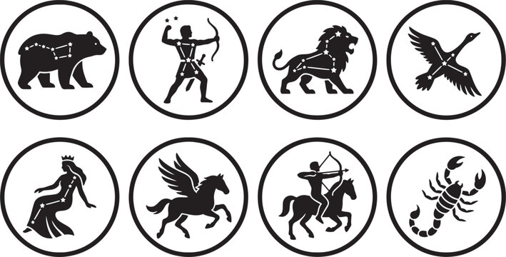 Astrological zodiac signs and star constellation emblem set