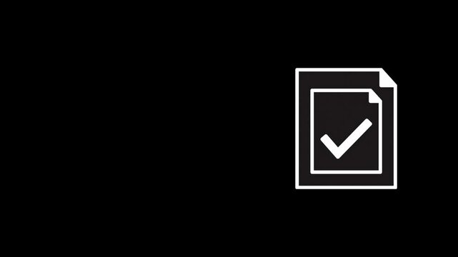 Animated document with check mark icon, motion graphic loop of task completion, contract approval, survey success, and form verified concept isolated on dark background.
