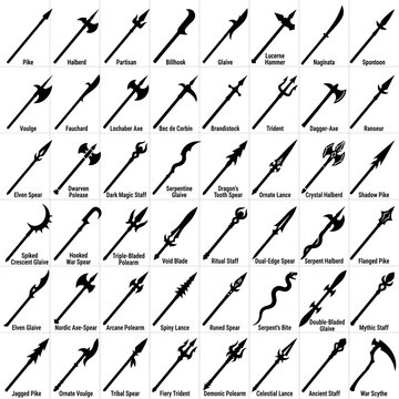 Collection of stylized spear and polearm silhouettes featuring unique blade designs, fantasy-inspired weapon art, and historical shapes for creative projects and visual storytelling, vector