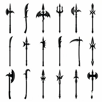 Collection of stylized spear and polearm silhouettes featuring unique blade designs, fantasy-inspired weapon art, and historical shapes for creative projects and visual storytelling, vector