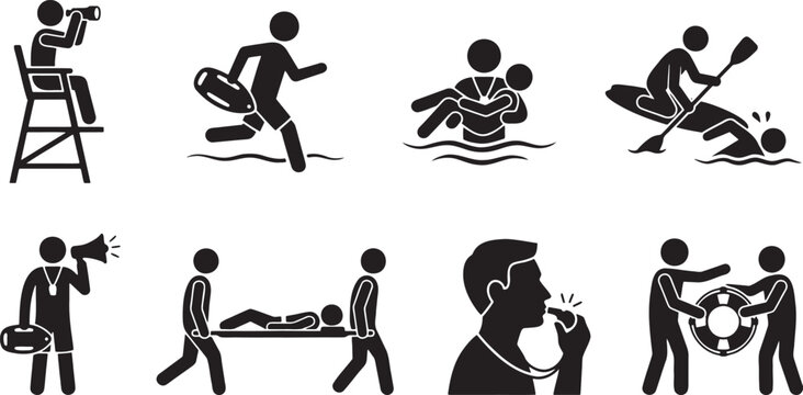Beach lifeguard rescue and emergency services icons