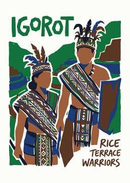 Traditional Igorot indigenous warriors in tribal dress with mountain rice terrace background