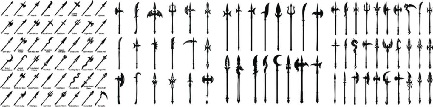 Collection of stylized spear and polearm silhouettes featuring unique blade designs, fantasy-inspired weapon art, and historical shapes for creative projects and visual storytelling, vector set