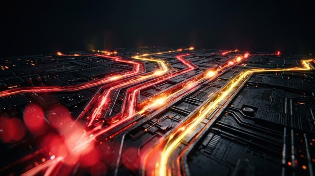 Futuristic digital circuit board with glowing red and orange light tracks representing data transfer and high tech energy