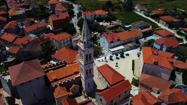 Aerial view of jelsa and the parish of the assumption of mary in hvar, croatia