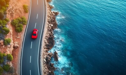 Fototapeta premium Red car drives on coastal road beside blue ocean waves, scenic drive vacation travel.