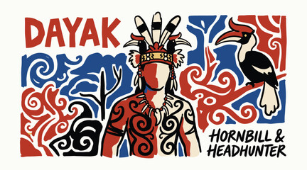 Dayak tribal warrior illustration with hornbill bird and traditional ethnic patterns for heritage © WS