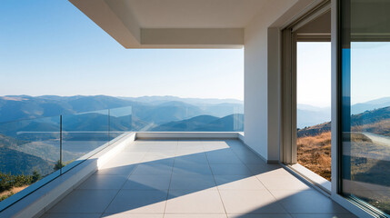 Fototapeta premium Modern White Terrace Overlooking Mountain Range with Glass Door and Minimal Design