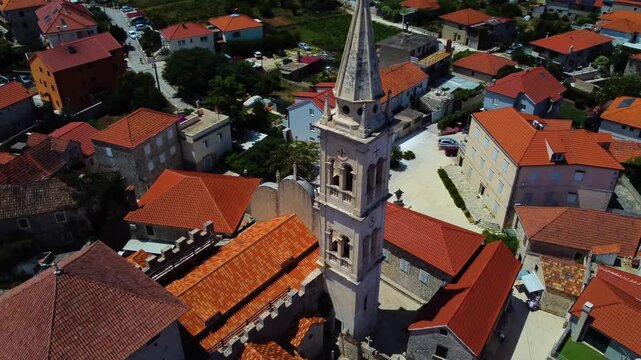 Aerial view of the parish of the assumption of mary in jelsa, hvar, croatia