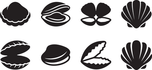 Collection of realistic clam and oyster seashell black icons © HM