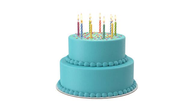 Blue birthday cake transparent PNG isolated cutout with lit candles and sprinkles for celebration design