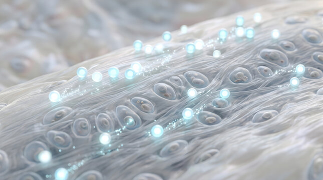 Close up of cellular surface structure. Glowing peptide spheres restoring moisture. Scientific beauty formulation marketing.