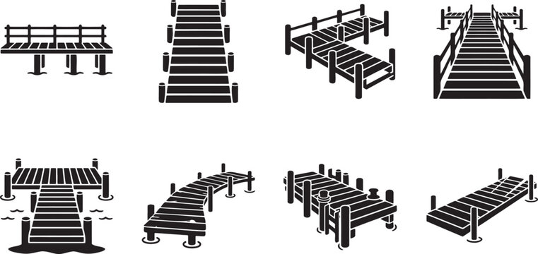 Wooden piers lake docks and boardwalk path structures