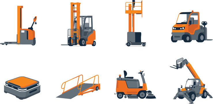 Warehouse logistics and industrial machinery vector set featuring forklift pallet jack and automated guided vehicle