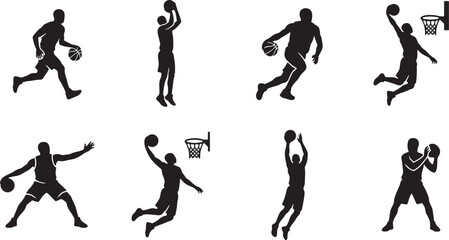 Basketball player action silhouettes dribbling passing and slam dunking © HM