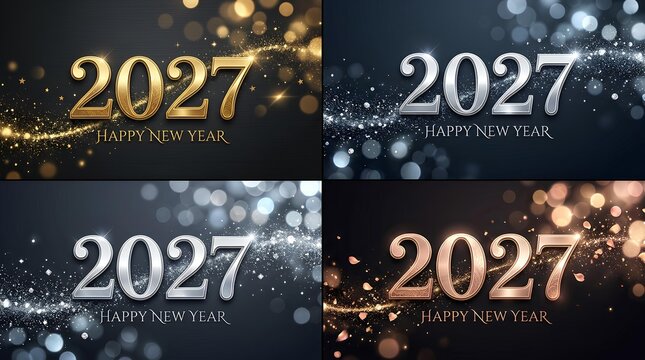2027 Happy New Year celebration background. Golden numbers with glow light effects on black.