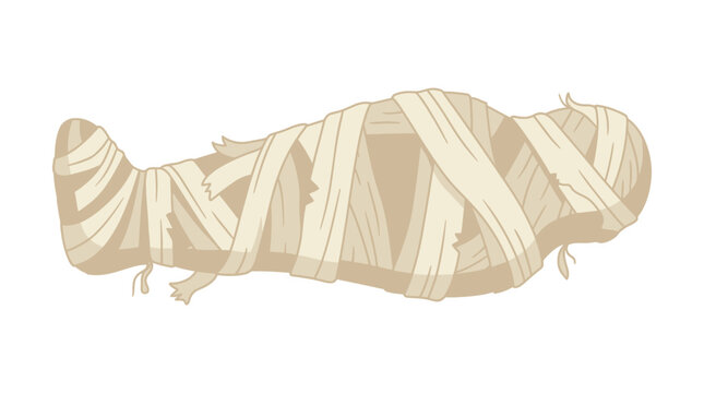 Happy Holloween day 2026 Ancient Egyptian mummy wrapped in linen bandages, beige mummified body vector illustration, spooky Halloween monster character isolated on White Background flat vector